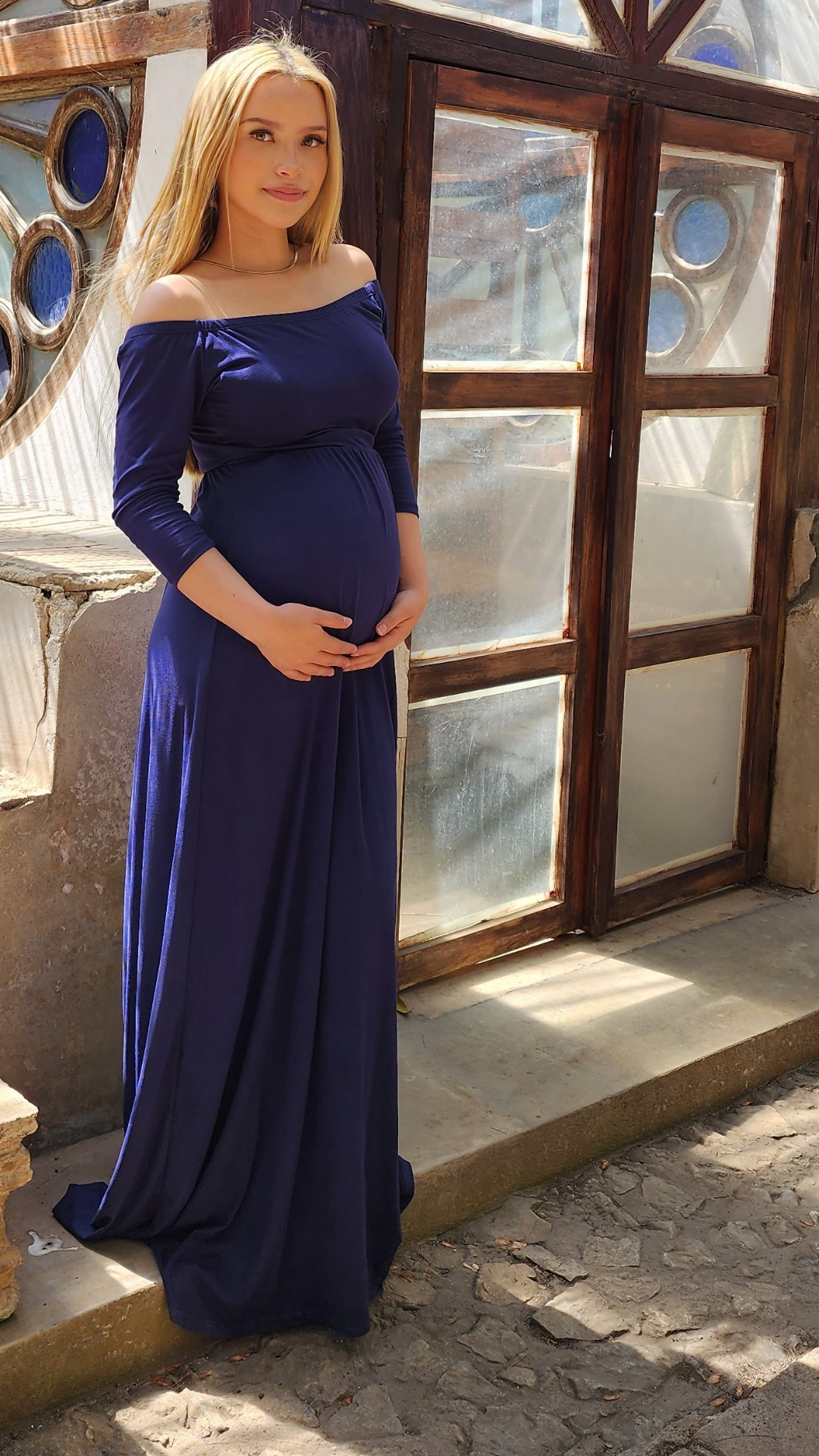Meghan Vestido de maternidad hombros descubiertos color azul marino