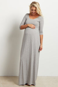 Vestido Maternidad Largo con Manga Larga – Gris Jaspeado