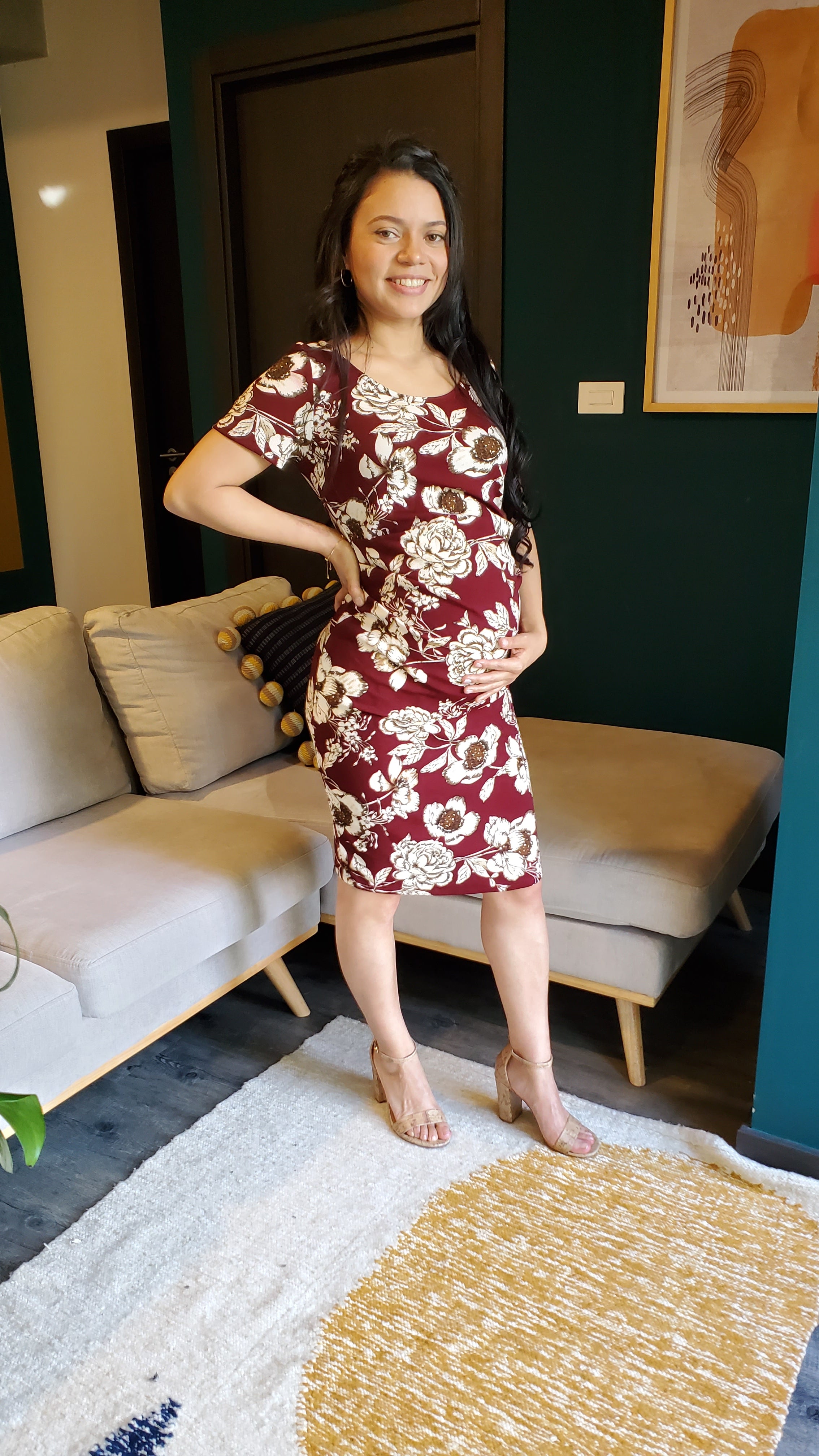 Vestido de maternidad en color vino y dorado