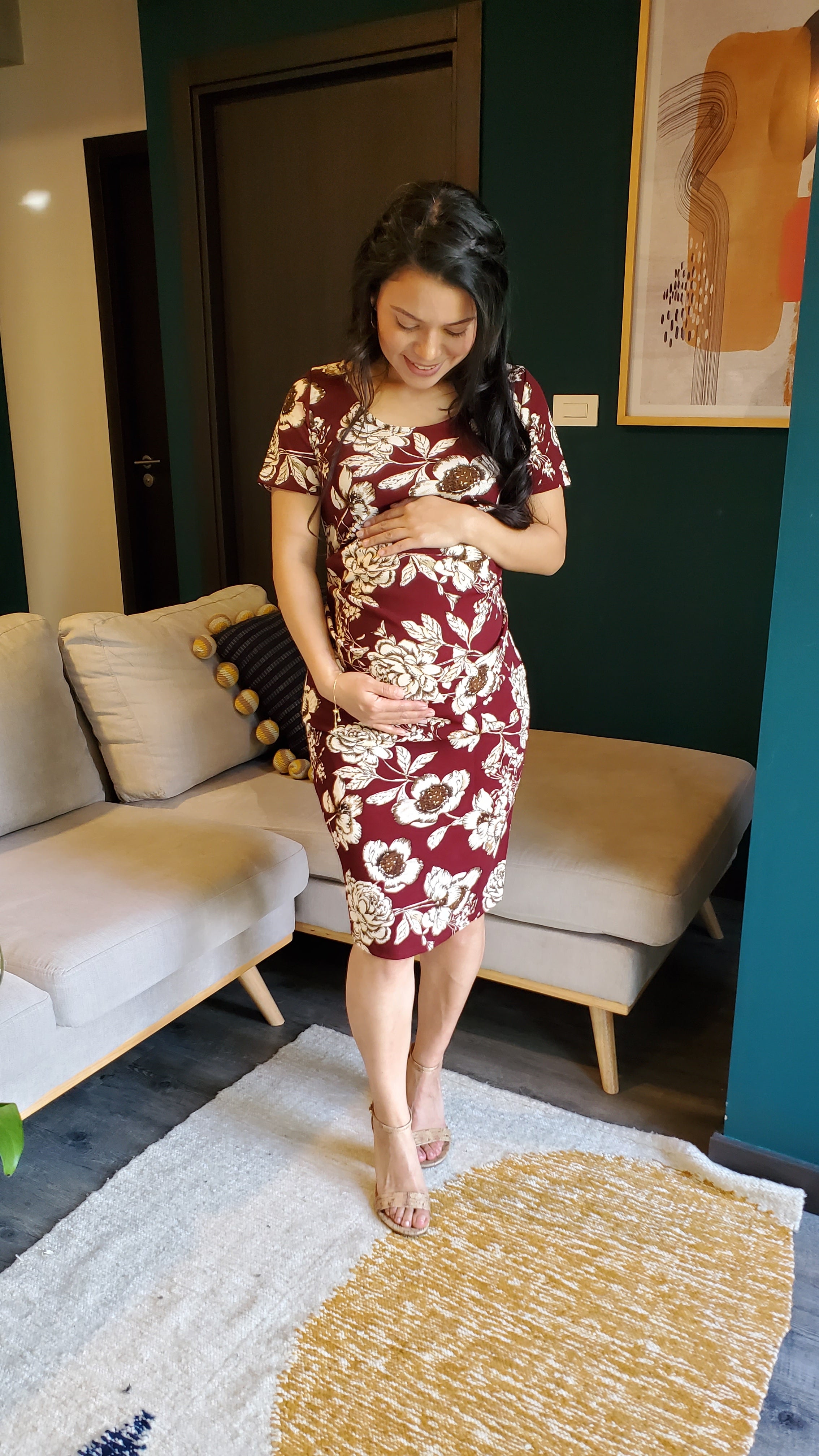 Vestido de maternidad en color vino y dorado