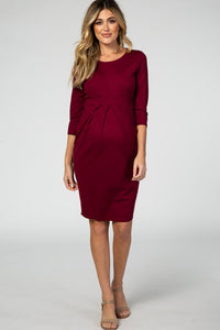 vestido tallado corinto Vestido de maternidad corto de color sólido. Manga 3/4. Paletones al frente. casual formal, elegante, vestido de maternidad para oficina