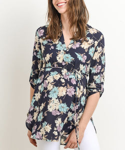 Blusa de embarazo y post parto estilo túnica azul floral